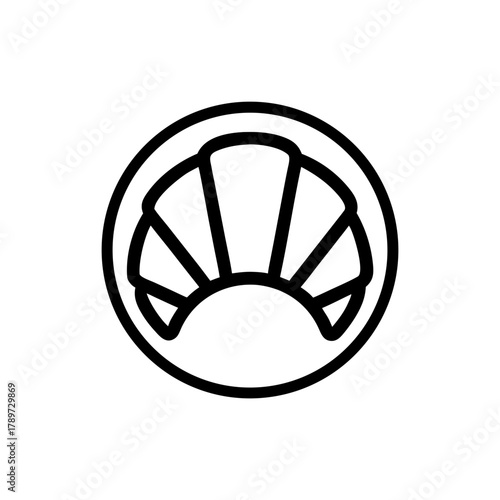 Outline drawing of a croissant inside a circle shape on transparent background