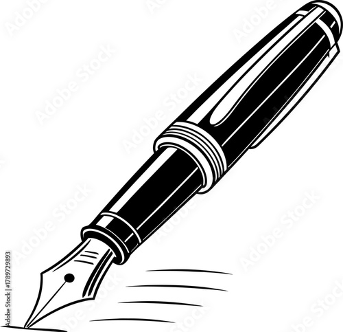 A black and white image features a ballpoint pen. The pen is positioned diagonally from the upper right to the lower left of the frame. The body of the pen is cylindrical, with a cap on the top and a 