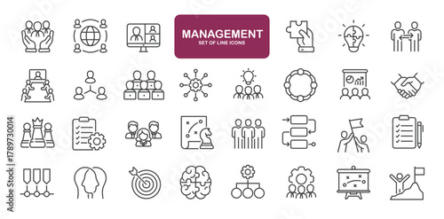 Set of line icons related to business team, teamwork, success, management. Outline icons collection