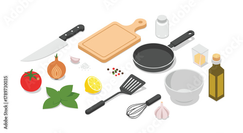 Culinary essentials arranged for creative cooking, featuring fresh ingredients and professional kitchen tools for delicious meal preparation