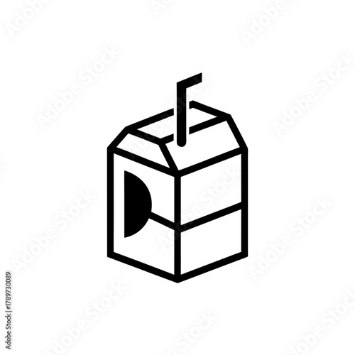 Illustration of a juice box with a straw in black outline on transparent background
