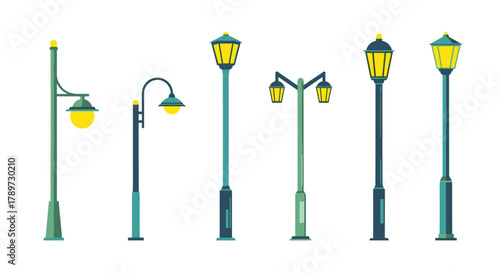 Diverse collection of modern and classic street lamps illuminating urban pathways with warm, inviting light