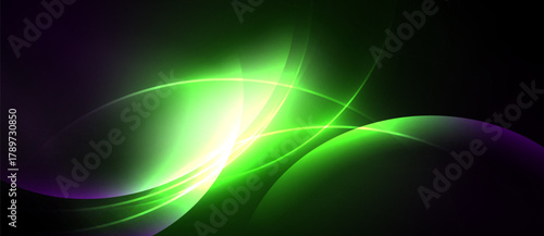 Abstract design features vibrant green, purple curves. Light radiates from central point, creating dynamic visual effect. Dark background enhances luminosity.