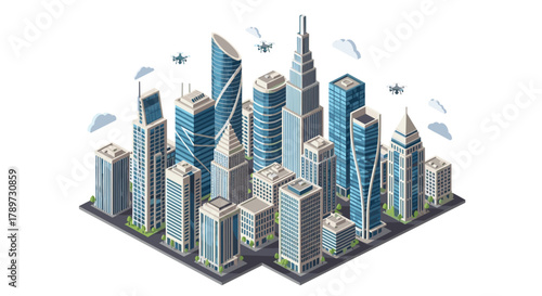 Modern cityscape with sleek skyscrapers and drones flying overhead, symbolizing innovation and future urban development
