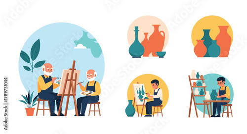 Artists create pottery and paintings in vibrant, modern studio settings, capturing creative expression and hobby pursuits