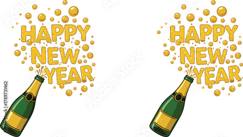 Champagne New Year icons, festive bottle illustration set, golden bubble typography visuals, celebration design, sparkling holiday graphics