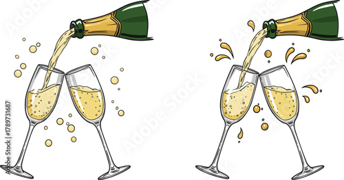 Champagne toast icons, celebration illustration set, clinking glass visuals, festive pouring design, bubbly party graphics, New Year cheers