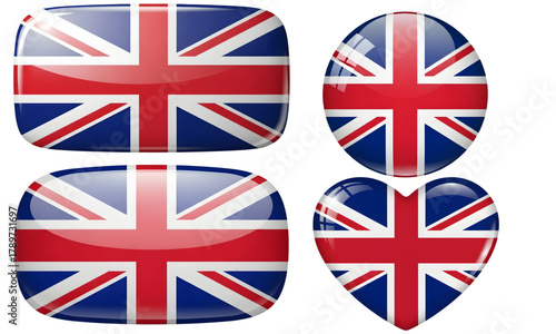 Glossy United Kingdom Flag Icons Set ,3D Union Jack Badges in Heart, Round, and Rectangle Shapes Isolated on White Background