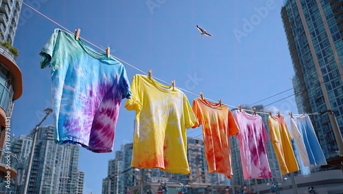 Colorful tie-dye t-shirts drying on a clothesline outside high-rise buildings on a sunny day