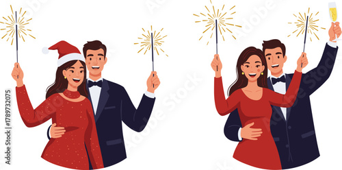 Couple celebration icons, holiday party illustration set, sparkler and champagne visuals, festive outfit design, New Year or Christmas