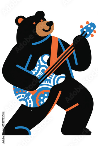 Vector illustration of bear playing electric guitar in dynamic pose. Stylized design with bold colors and energetic movement.