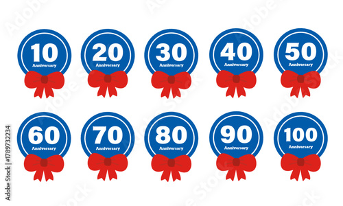 赤いリボンに青いフレームで構成されたアニバーサリーセット｜１０〜１００の数字入り 企業や商品の周年イベント向き素材｜Anniversary set consisting of a red ribbon and a blue frame