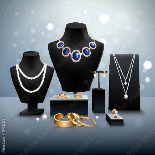 Mannequin and sewing accessories with gold fashion jewelry display