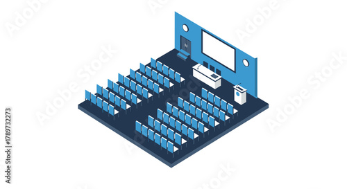 Modern conference hall setup with presentation screen and seating arrangement ready for event