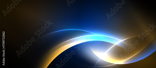Abstract design features flowing lines, vibrant blues, golds. Light radiates from central point, creating dynamic visual effect. Dark background enhances luminosity.