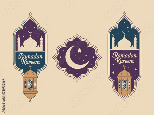 Ramadan kareem festive background with traditional islamic banners, elegant lanterns, a central crescent moon, and sparkling stars, perfect for holy month greetings and celebration