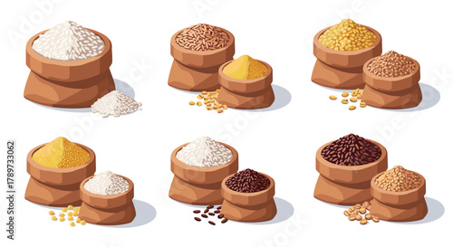 Vibrant assortment of diverse grains and cereals beautifully displayed in rustic burlap sacks, perfect for food themes