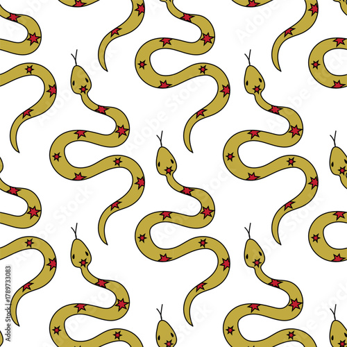Pattern design featuring colorful snakes with stars on a light background suitable for various creative projects
