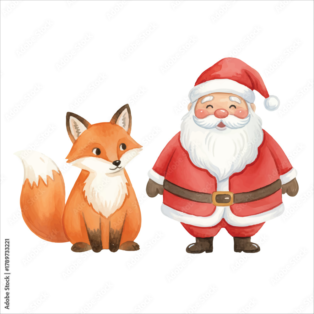 Obraz premium Watercolor Santa Claus with Fox Vector Illustration, Forest Christmas Character 
