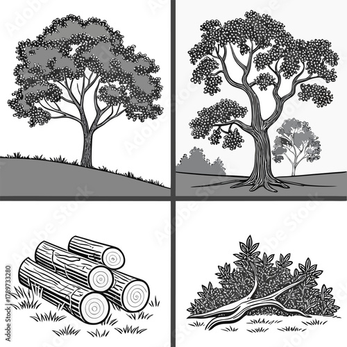 A digitally drawn illustration divided into four quadrants, each showcasing a different stage or representation of wood logs and trees. The top left quadrant features a grove of four detailed, deciduo