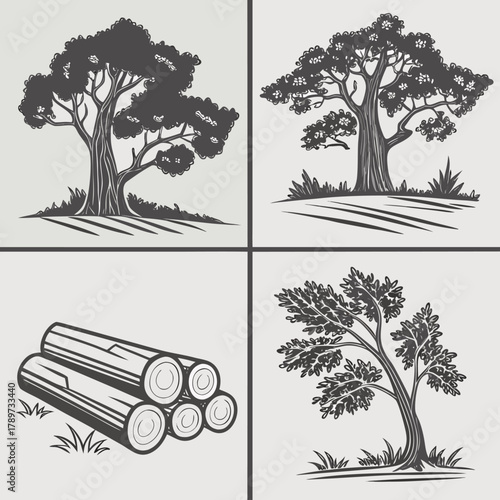 A digitally drawn illustration divided into four quadrants, each showcasing a different stage or representation of wood logs and trees. The top left quadrant features a grove of four detailed, deciduo