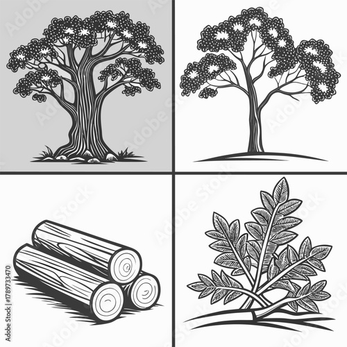A digitally drawn illustration divided into four quadrants, each showcasing a different stage or representation of wood logs and trees. The top left quadrant features a grove of four detailed, deciduo