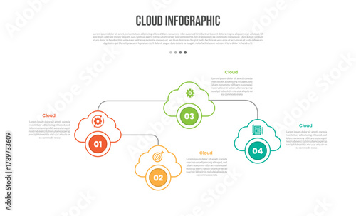 Cloud base shape infographics template diagram with spreading cloud with unbalance line connection up and down with 4 point step creative simple flat outline