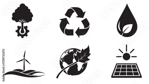 eco and sustainability silhouettes collection minimal black environmental vector icon set