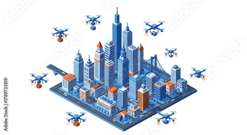 Drones deliver packages over vibrant cityscape showcasing futuristic urban logistics and modern transportation innovation
