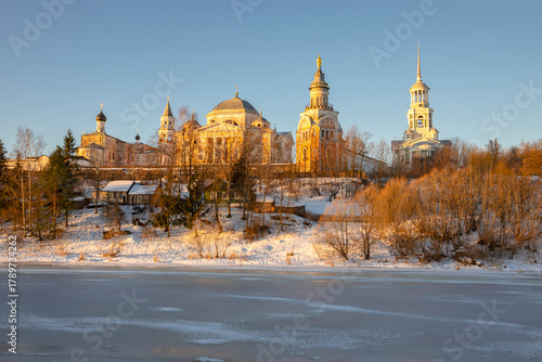 Winter morning at the ancient Borisoglebsky Monastery. Torzhok, Tver region, Russia