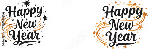 Happy New Year icons, festive typography illustration set, swirling star visuals, celebratory text design, holiday greeting graphics