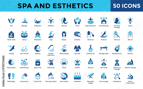 Spa and Esthetics icons set with spa, massage, relaxation, wellness, skincare, facial, body treatment, aromatherapy icon. Simple flat vector 
