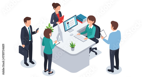 Diverse team collaborating effectively in a modern, bright office space, discussing plans on tablets and computers