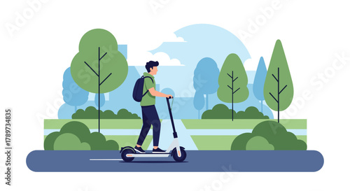 Young man enjoys a peaceful ride on an electric scooter through a vibrant green park on a sunny day