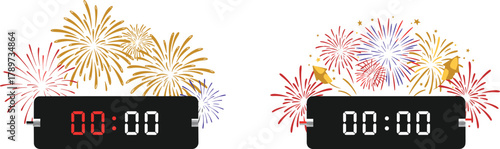 Midnight celebration icons, digital clock illustration set, fireworks burst visuals, New Year countdown design, festive holiday graphics