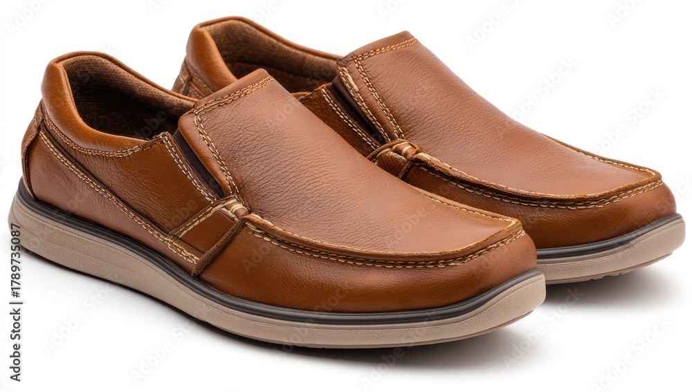 Fototapeta premium Pair of tan leather slip-on shoes, showing detailed stitching and a cushioned sole