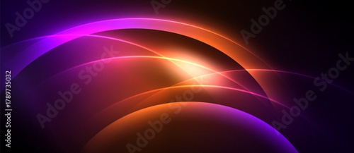Abstract vibrant curves radiate from central bright point. Colors blend, creating dynamic visual effect. Dark background emphasizes luminosity.