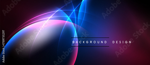 Abstract neon curves blend, creating vibrant purple, blue gradients. Dark background emphasizes glowing lines, modern design element.