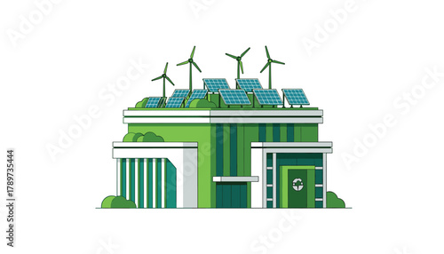 Vibrant green building powered by renewable energy, featuring solar panels and wind turbines on its rooftop for a sustainable future