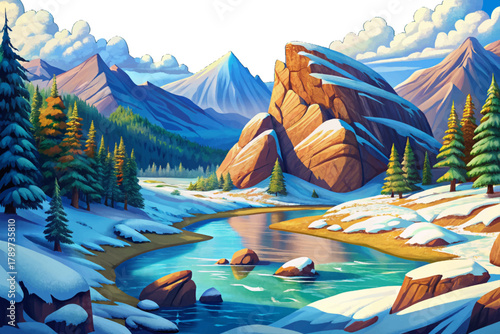 Wide river meandering through a silent valley blanketed in fresh white snow