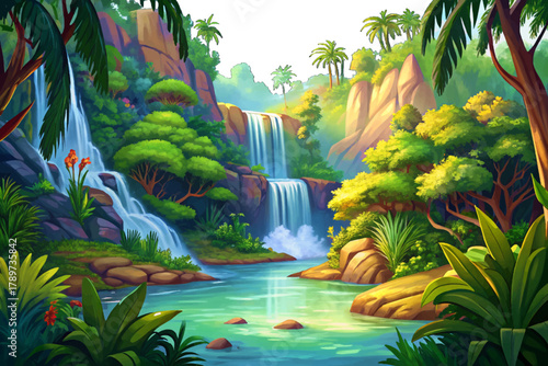 Tall waterfall cartoon cascading into wide river surrounded by lush tropical vegetation