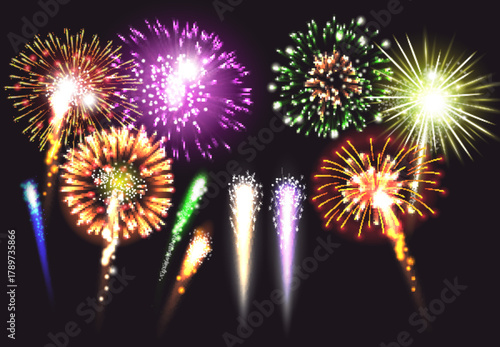 Colorful pyrotechnics display lighting up the black night sky for a holiday celebration