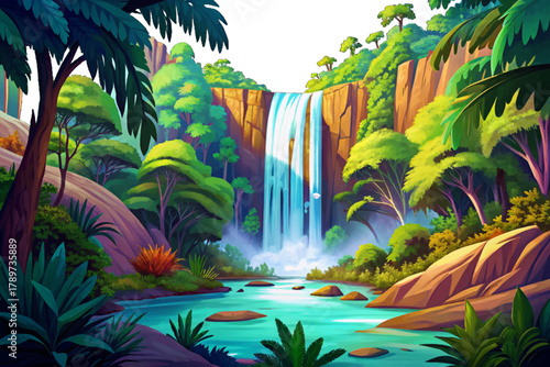 Tall waterfall cartoon cascading into wide river surrounded by lush tropical vegetation