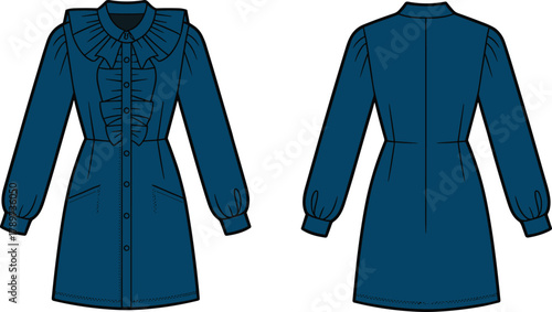 Elegant long sleeve dress, ruffle collar, button front, fashion illustration, garment design, technical sketch, apparel template, stylish outfit, vector drawing, trendy clothing