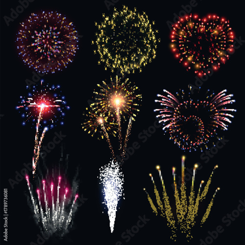 Bright pyrotechnics explosion display in the abstract black night sky celebrating a holiday event
