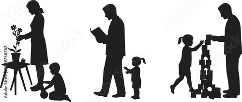Family bonding, parenting moments, adult child interaction, silhouette illustration, caregiving, reading, playing blocks, emotional connection, nurturing, education, teamwork, love, support, growth