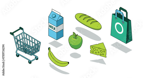 Fresh groceries and shopping cart arranged creatively for a vibrant, healthy lifestyle concept