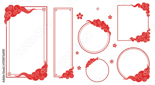 Elegant red oriental frames and borders feature auspicious clouds and floral accents for festive celebrations and traditional design projects