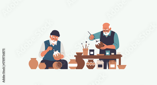 Wise elders passionately crafting beautiful pottery, sharing artisanal skills and heritage in a serene workshop setting