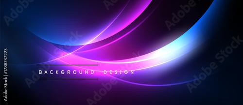 Abstract flowing shapes, vibrant blue, purple hues. Dark background emphasizes luminous curves, modern design element. Text reads background design.